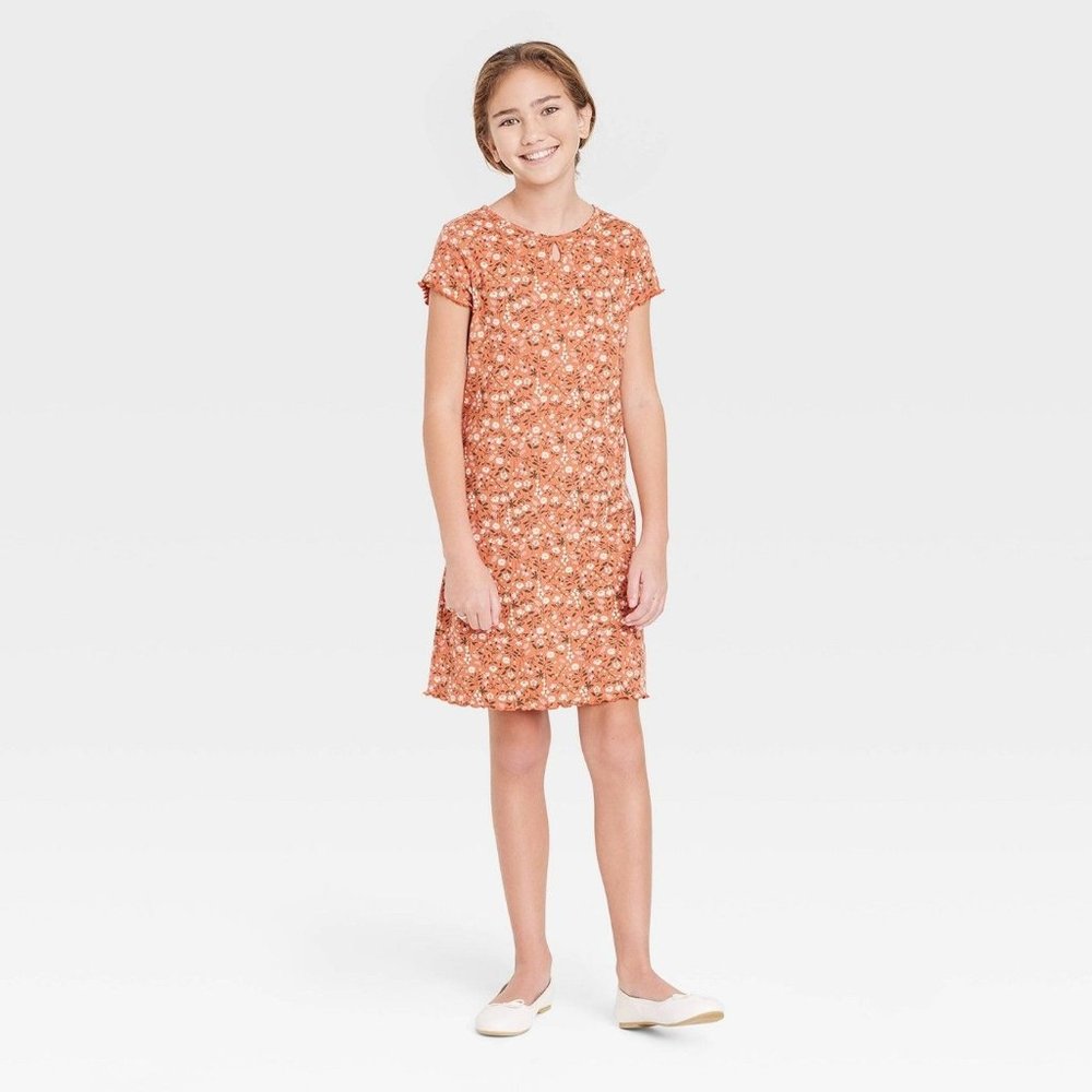 Girls' Keyhole Knit Dress - Art Class Orange Floral Large